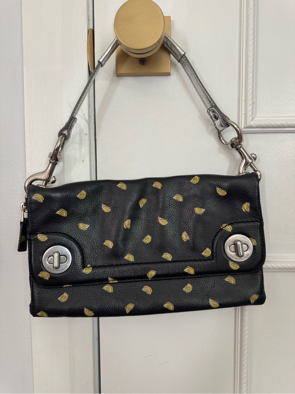 Black Leather Shoulder Bag with Lemons